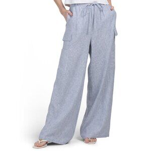 WILT Blue Combo Linen Blend Stripe Narrow Palazzo Pull On Pants